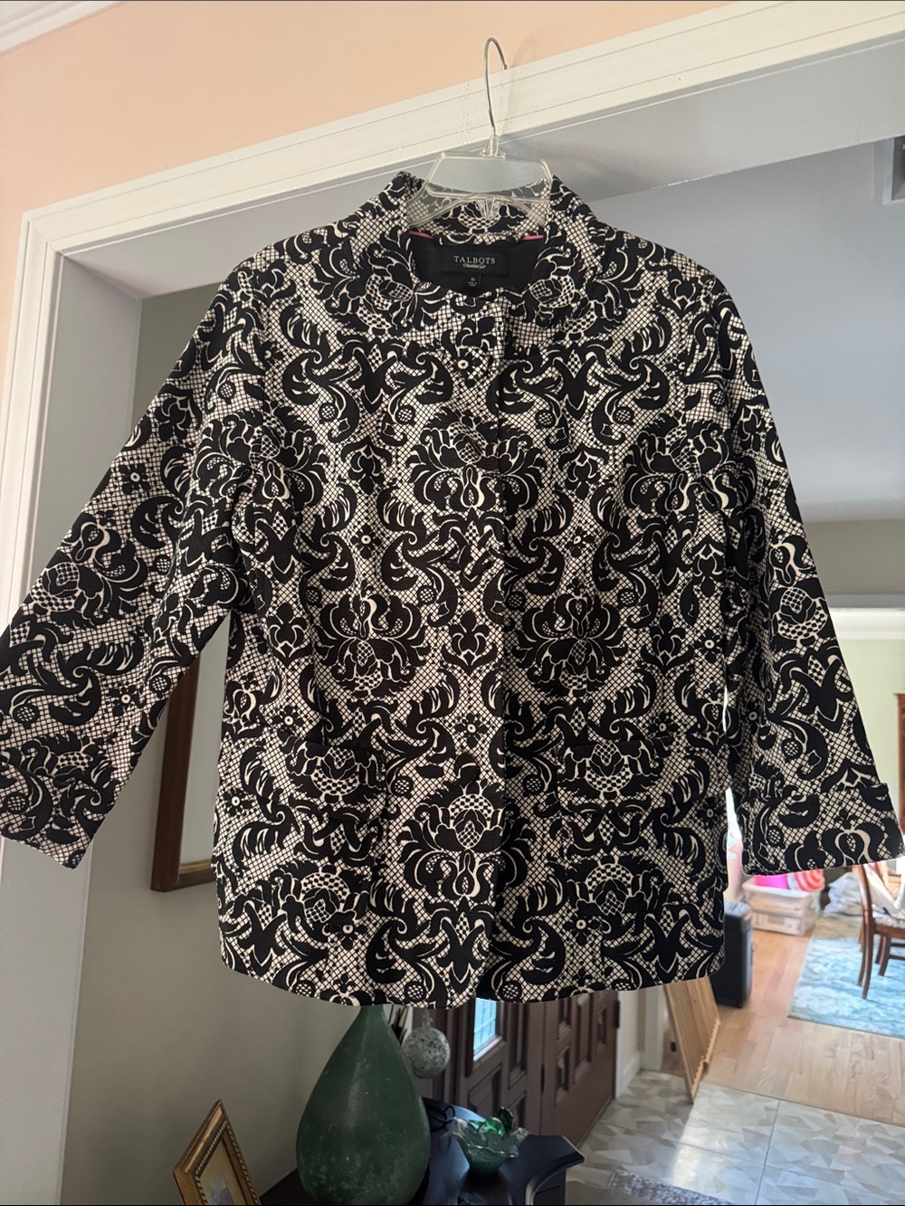 Talbots Black and White Floral-Scroll Button Jacket